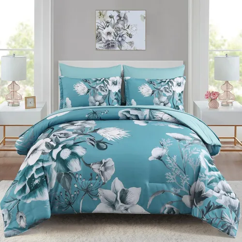 Miniatura 11 de Luxudecor Juego de edredón floral tamaño King de 7 piezas, cama de flores azul marino en una bolsa, elegante edredón floral con juego de sábanas