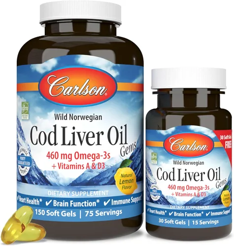 Miniatura 11 de Carlson - Gemas de Aceite de Hígado de Bacalao, Súper 1000 mg, 250 mg Omega-3, 400 UI (10 mcg) de Vitamina D3, Aceite de Hígado de Bacalao Noruego