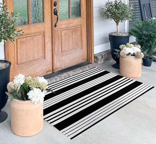 Miniatura 14 de Tapete para exteriores de rayas color negro y blanco, tapete tejido a mano lavable a máquina para interiores, porche, entrada, sala, pasillo, Rayas