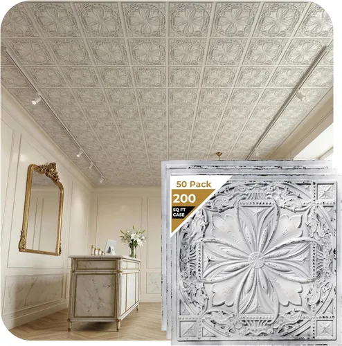 Miniatura 36 de from Plain to Beautiful in Hours DCT10at-24x24 Milan - Azulejo de techo de PVC de 2' x 2' para pegar o colocar (Caja / 4 pies cuadrados), Taupe
