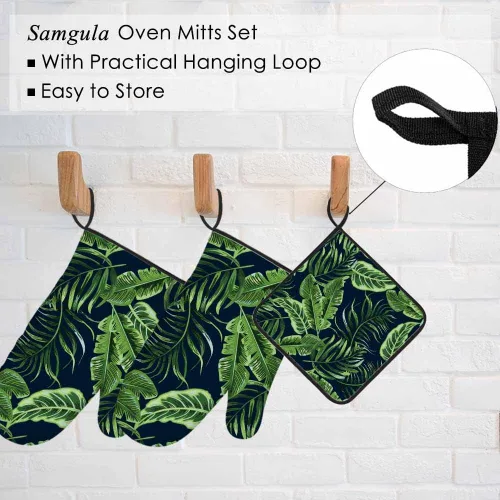 Miniatura 5 de Juego de manoplas de horno y soportes para ollas de hojas verdes, palmeras tropicales, exóticas, resistentes al calor, 3 piezas para cocinar