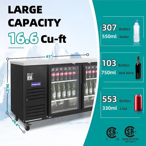 Miniatura 3 de Polarman Refrigerador de botellas con barra trasera, puerta de vidrio, refrigerador de cerveza certificado NSF/ETL, refrigerador de bebidas bajo