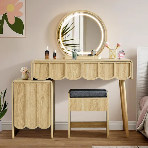 Miniatura 3 de ORRD Escritorio de tocador con espejo y luces, juego de escritorio de tocador moderno de panel de madera ondulada, mesa de maquillaje con cajones