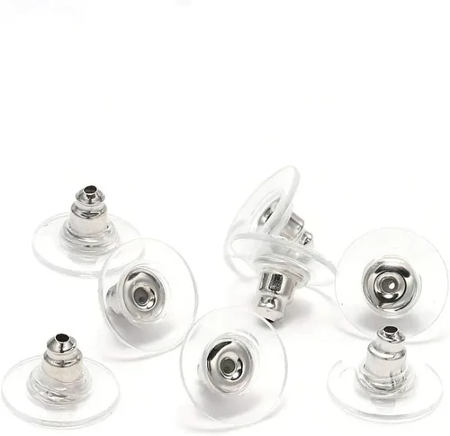 Miniatura 10 de 100 unidades por lote de goma de color plateado para aretes de embrague de bala con almohadilla para aretes, respaldos de seguridad para fabricación