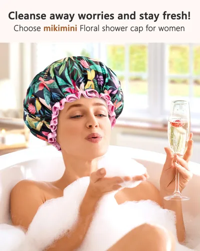 Miniatura 6 de mikimini Gorro de ducha grande para mujer, de pelo largo, con encaje rosa, reutilizable, impermeable, para niñas