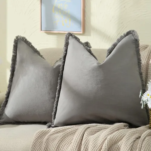 Miniatura 12 de ZWJD Juego de 2 fundas de almohada de 16 x 16 pulgadas, color beige, con flecos, de algodón, decorativas, cuadradas, para sofá, cama, sala de estar