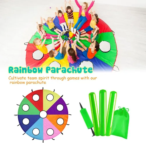 Miniatura 4 de Paracaídas arcoíris para niños, juguete de paracaídas con asas, juego de paracaídas para niños, cooperación en grupo y actividades al aire libre