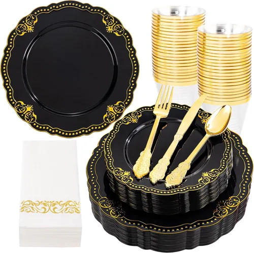 Miniatura 14 de Ciaell 350 platos de plástico rosa, platos desechables de color rosa y dorado, incluyen 50 platos desechables, 150 cubiertos resistentes, 50 tazas