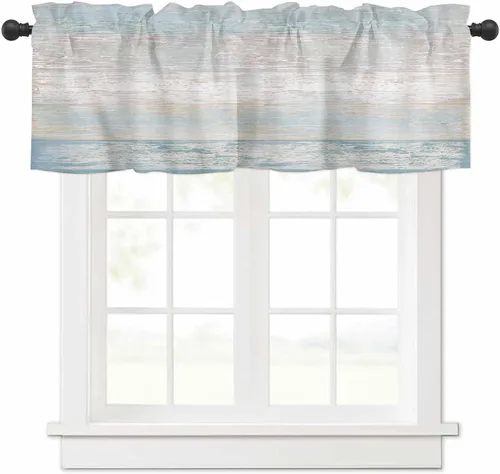 Cenefas Degradadas Azul Aguamarina Tratamiento de Ventanas Decoración de Granja, Cenefas Vintage Pastorales con Bolsillo para Barra de Madera Azul