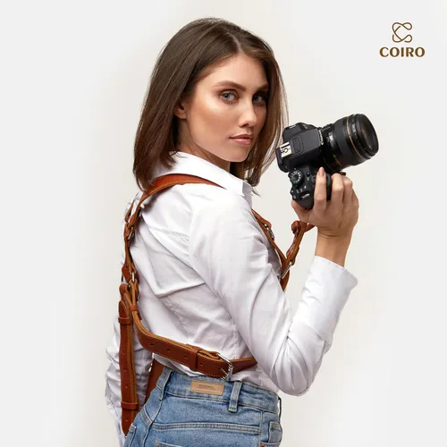 Miniatura 6 de C Coiro Camera Harness for 2 Cameras Dual Shoulder Leather Camera Strap for DSLR/SLR, Camera Straps for Photographers Canela