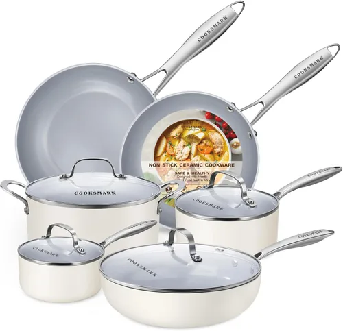 Juego de utensilios de cocina antiadherentes de cerámica de 10 piezas, ollas y sartenes sin PFOA con tapas de vidrio, cocción saludable, fácil de