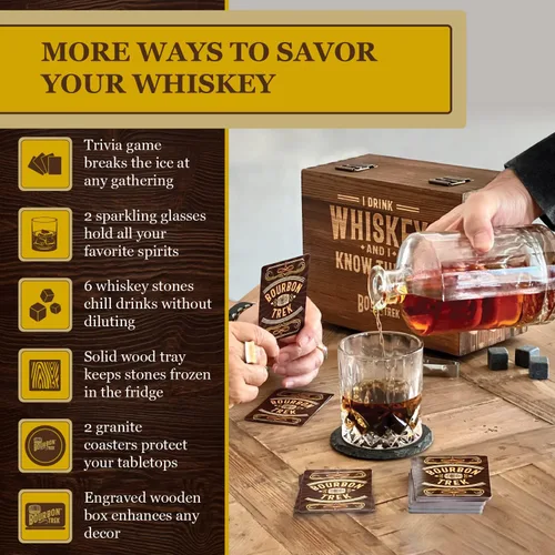 Miniatura 3 de Juego en caja de regalos de whisky para hombres, incluye populares trivias de whisky, 2 vasos de bourbon, 6 piedras, 2 posavasos de pizarra, 1