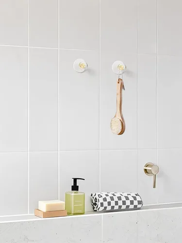 Miniatura 5 de Paquete de 4 ganchos adhesivos de cristal de JIASENBAO para toallas de baño, ganchos de pared blancos para colgar batas y abrigos, ganchos
