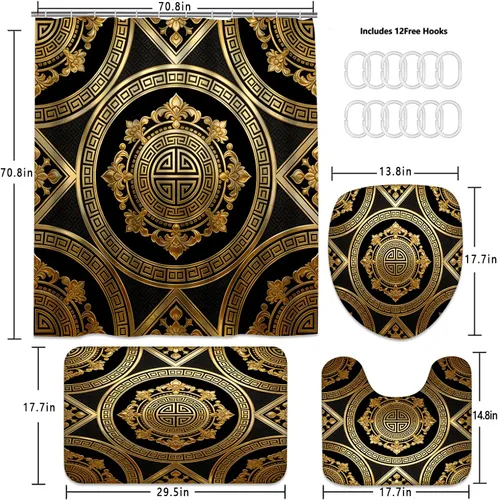 Miniatura 2 de Yizheer Juego de 4 cortinas de ducha de lujo, color negro y dorado, patrón de damasco impermeable, kit de decoración de baño