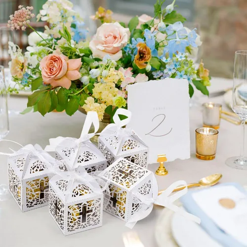 Miniatura 3 de Juego de 50 cajas de regalo con corte láser para bodas y fiestas con lazo