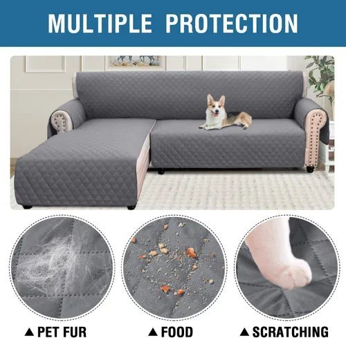Miniatura 3 de Funda protectora acolchada reversible para muebles en forma de L, funda impermeable para sofá modular de 3 plazas, con correas elásticas para perros