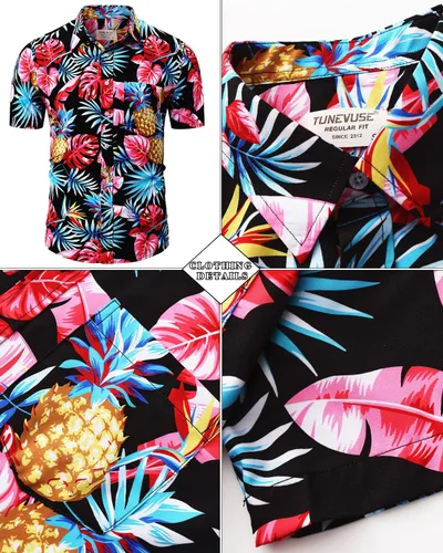 Miniatura 33 de TUNEVUSE Conjunto de camisas y pantalones cortos hawaianos para hombre, 2 piezas, trajes de playa con estampado de flores, traje tropical de verano