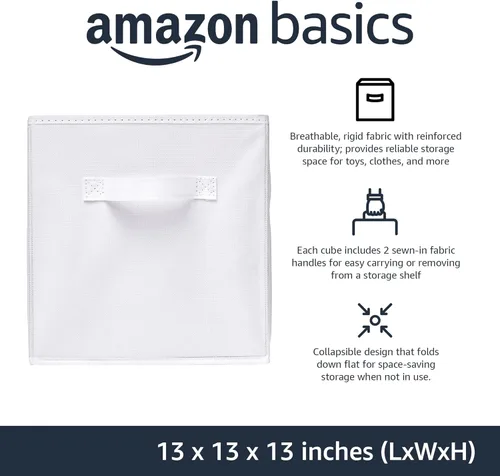 Miniatura 2 de Amazon Basics - Contenedores plegables de tela para almacenar, organizador con asas, 13 x 13 x 13 pulgadas, color blanco, paquete de 6