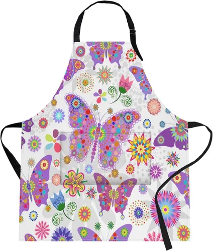 Miniatura 12 de Britimes Butterfly Apron Floral Colorful Butterflies Flowers Aprons Kitchen Cooking Gardening for Women With Pockets
