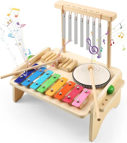 Juego de batería para niños, instrumento musical para bebés, xilófono de madera para niños pequeños con juego de batería para bebé y campanilla de