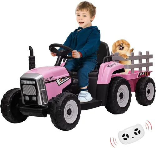 Miniatura 7 de Tractor de 12 V con remolque y control remoto, vehículo eléctrico para niños pequeños con faros LED, cambio de marchas 2+1, reproductor de MP3, USB