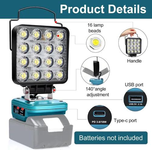 Miniatura 2 de Luz de Trabajo LED Inalámbrica Compatible con Batería Makita de 18V, Linterna de 48W 3400LM Luz de Inundación Portátil con Puertos USB y Tipo C