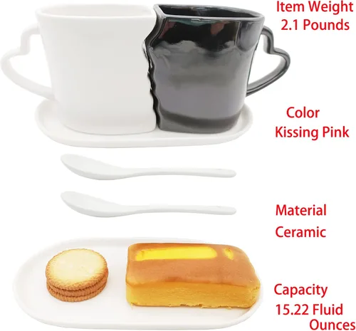 Miniatura 4 de Juego de tazas grandes para besos, 16 onzas, dos tazas de café con platillo, regalos de amor para aniversario, boda, San Valentín, cumpleaños