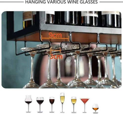 Miniatura 4 de Estante de techo para copas de vino, estante colgante para vino con soporte para vidrio y estante, soporte para botellas de vino colgante industrial