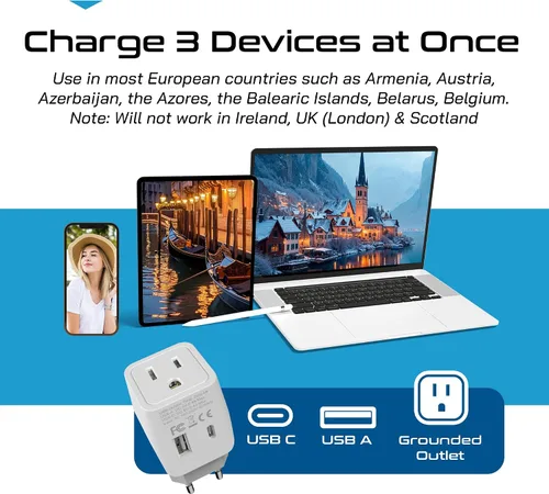 Miniatura 7 de Ceptics Enchufe adaptador de viaje europeo, Egipto con doble USB, tipo C, entrada de Estados Unidos, peso ligero, perfecto para teléfonos celulares