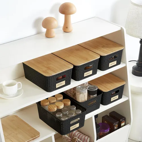 Miniatura 4 de Bagnizer Contenedores pequeños de plástico con tapas de bambú de 5.2 cuartos de galón, cesta apilable para despensa, contenedores decorativos lindos