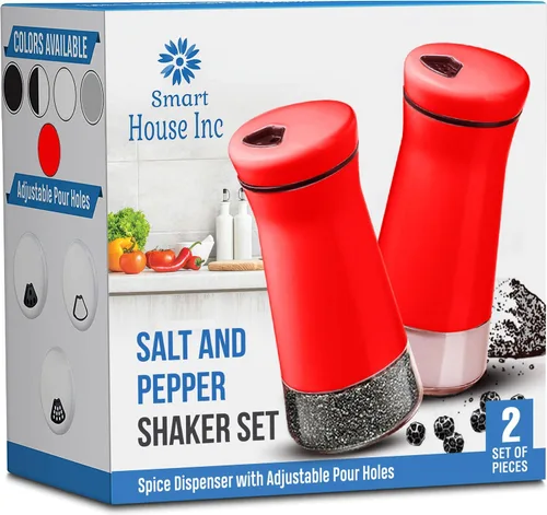The Original - Juego de saleros y pimenteros, dispensador de especias con agujeros ajustables para verter, color rojo, juego de 2 botellas de acero