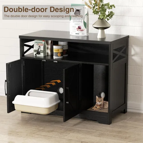 Miniatura 3 de Halitaa - Caja de arena para gatos oculta, mueble con almohadilla para rasguñar, casa de campo para gatos con mesa de baño, negra