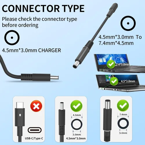 Miniatura 3 de Cargador adaptador de 45 W 65 W Ac 4.5 0.118 in compatible con Dell Inspiron 13 14 15,3000 5000 7000 Latitude 3320 3330 3340 3420 3430 3435 3440