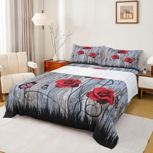 Miniatura 8 de Erosebridal Juego de sábanas de rosas rojas, tamaño individual, color rojo y negro, para niñas, mujeres, hombres, parejas, romántico, floral
