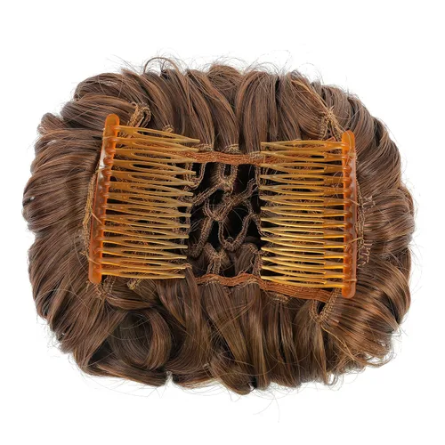 Miniatura 3 de SWACC Extensión de moño de cabello rizado corto y desordenado, peines de cabello fáciles de estirar, extensión de cola de caballo con clip, marrón
