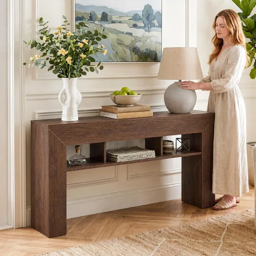 Miniatura 4 de EnHomee Mesa de consola de 63 pulgadas de largo para entrada con estantes de almacenamiento extra, mesa de sofá de estilo granja detrás del sofá
