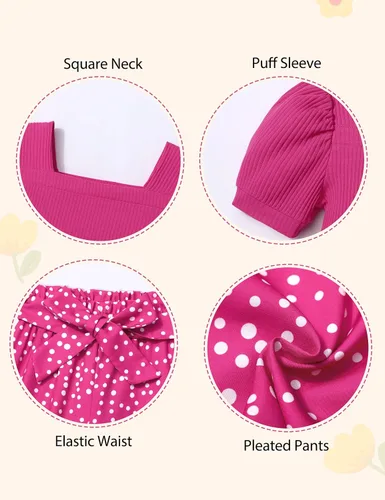 Miniatura 28 de DONWEN Conjunto de 3 piezas de ropa para niñas pequeñas y niñas con cuello cuadrado + pantalones elegantes + diadema para primavera y verano