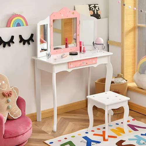 Miniatura 4 de Costzon Juego de tocador para niños con espejo, tocador de maquillaje de princesa 2 en 1 con parte superior desmontable, tocador para niñas pequeñas