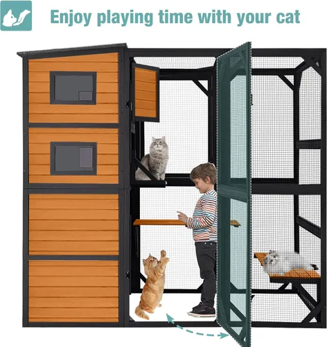 Miniatura 5 de Big Catio - Casa para gatos al aire libre, refugio de madera para gatos de 4 niveles con gran espacio interior (marrón, extragrande)