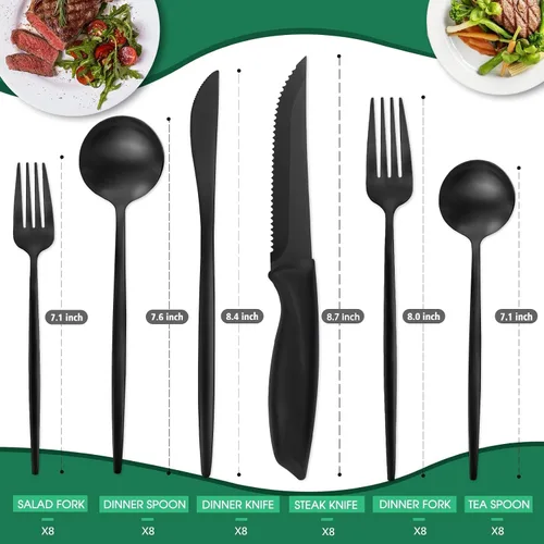 Miniatura 2 de VANVRO Juego de 48 piezas de cubiertos de color negro mate con cuchillos para carne, juego de cubiertos de acabado satinado, juego de cubiertos