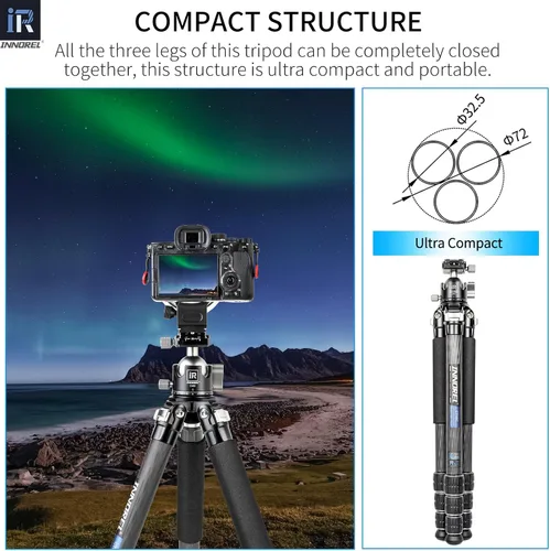 Miniatura 5 de Trípode INNOREL CT85C de fibra de carbono profesional compacto trípode resistente soporte para cámara de video DSLR con cabezal esférico de baja