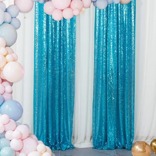 ShinyBeauty 1011E - Cortinas de lentejuelas color turquesa, 2 paneles de 2 x 8 pies, telón de fondo de lentejuelas color aguamarina, paquete de 2