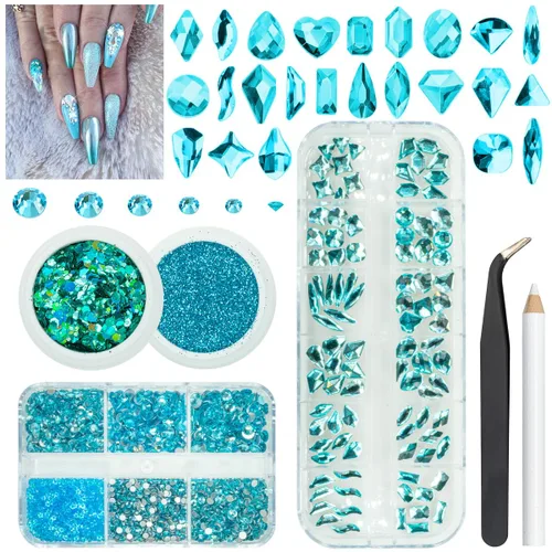 Miniatura 19 de qiipii 24 estilos de diamantes de imitación de aguamarina para uñas, piedras azul lago, diamantes K9 de vidrio, cristales planos azul agua, gemas