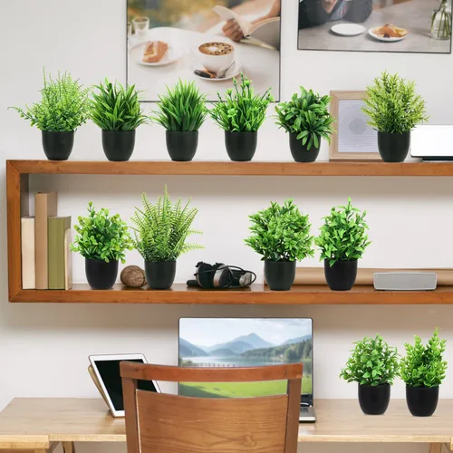 Miniatura 5 de LELEE Plantas artificiales en maceta, 12 piezas pequeñas de eucalipto en maceta de hierba sintética con maceta negra para decoración del hogar