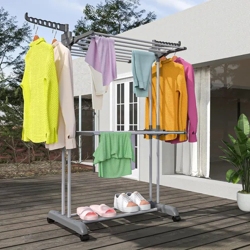 Miniatura 5 de Bigzzia Estante de secado de ropa de 3 niveles, estante de secado de lavandería de 57 pulgadas, estante plegable de acero inoxidable para niños, Gris