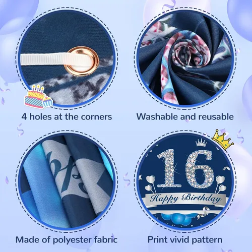 Miniatura 3 de Decoraciones de feliz cumpleaños número 16, pancarta azul y plateada y suministros de fiesta para uso en exteriores e interiores, 72.8 x 43.3