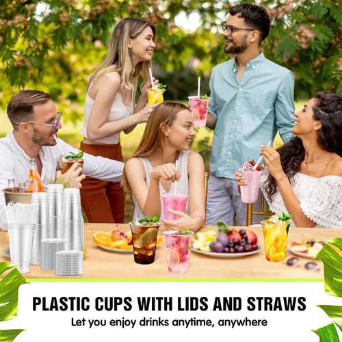 Miniatura 4 de Eaasty Juego de 150 vasos de plástico transparente de 16 onzas con cuchara, pajitas y tapas planas, desechables, para café helado, postre, yogur
