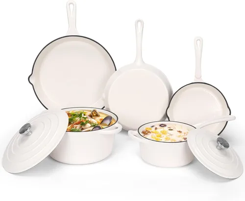 Miniatura 13 de QuliMetal Juego de utensilios de cocina de hierro fundido esmaltado antiadherente, sartén - juego de 7 piezas de ollas y sartenes con tapa, olla