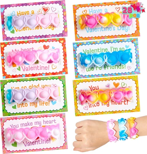 Miniatura 9 de JOYIN Paquete de 28 tarjetas de regalo para el día de San Valentín con pulsera Pop Fidget, juguete para ansiedad de burbujas para reventar, pulsera
