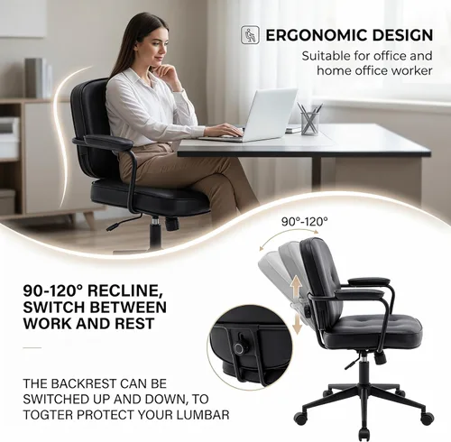 Miniatura 3 de DUOMAY Silla de escritorio retro para computadora de oficina en casa con reposabrazos, moderna silla giratoria de piel sintética con respaldo medio